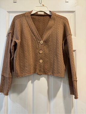 Altar'd State Cropped Cable Knit Button Cardigan - Brown